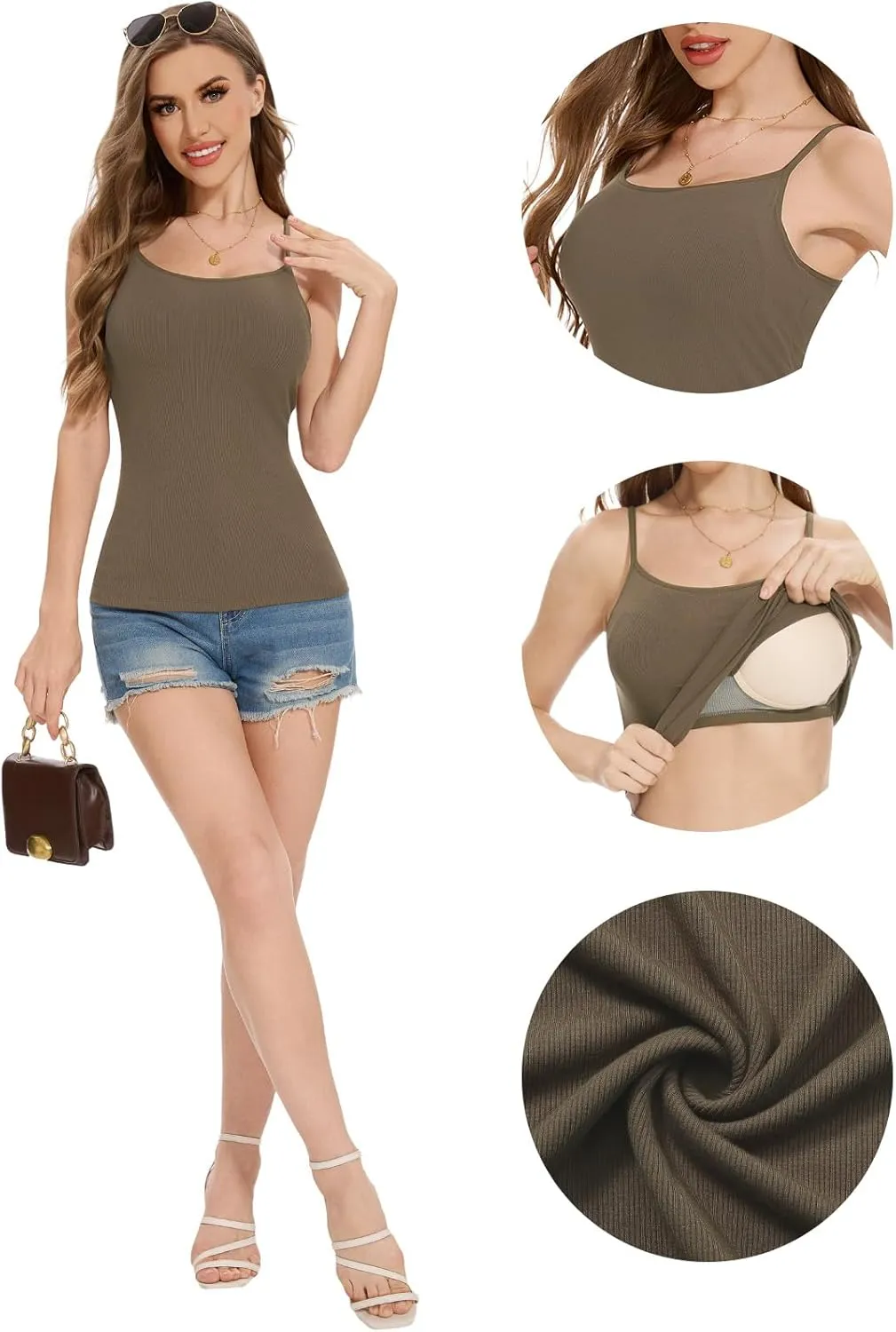 Womens Camisole Tank with Built in Bra Ribbed Camisole Tops Spaghetti Straps Tank Tops