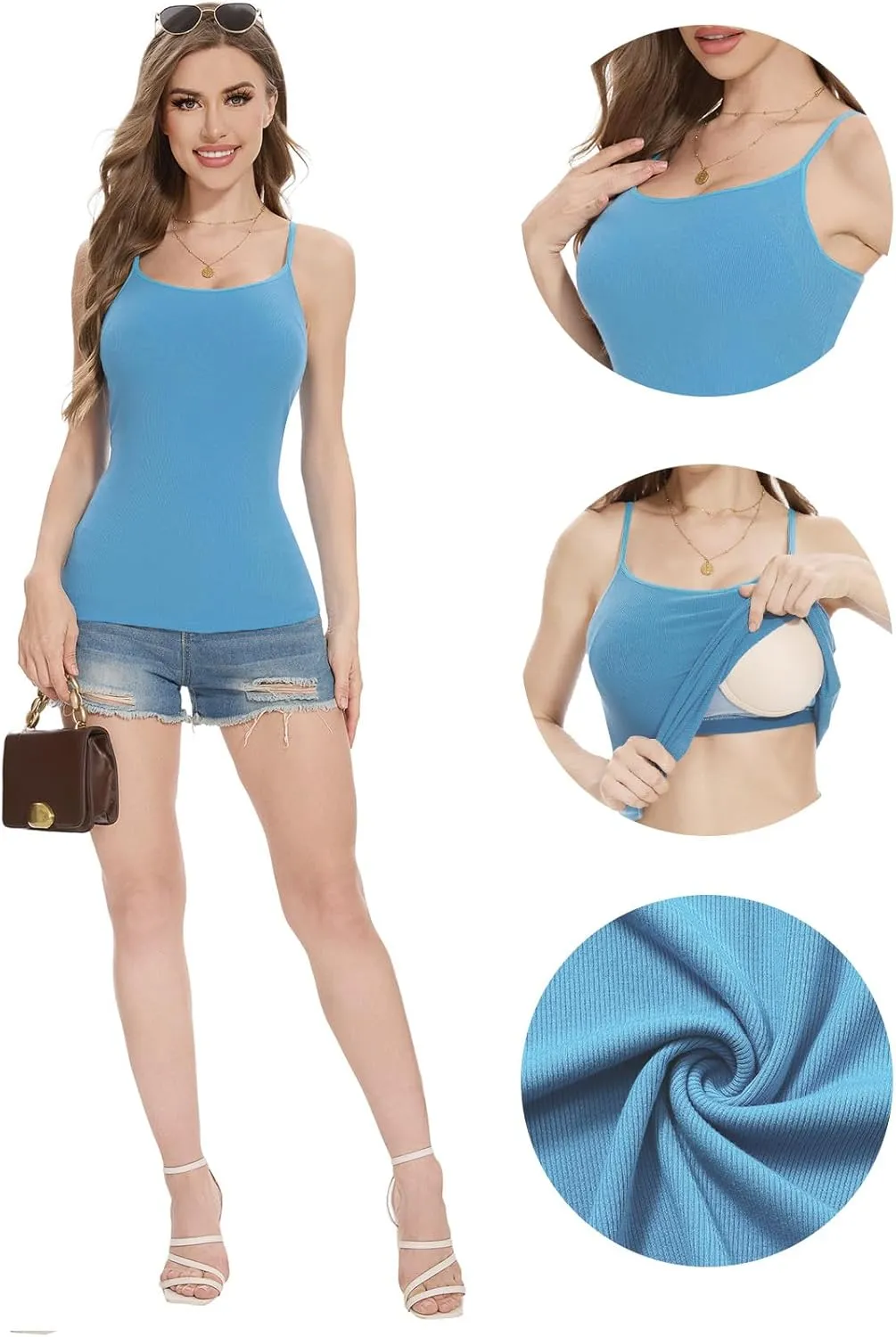 Womens Camisole Tank with Built in Bra Ribbed Camisole Tops Spaghetti Straps Tank Tops