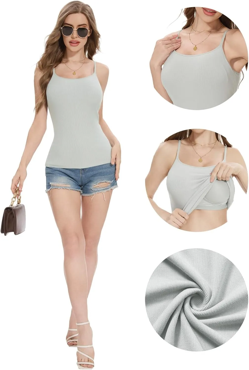 Womens Camisole Tank with Built in Bra Ribbed Camisole Tops Spaghetti Straps Tank Tops