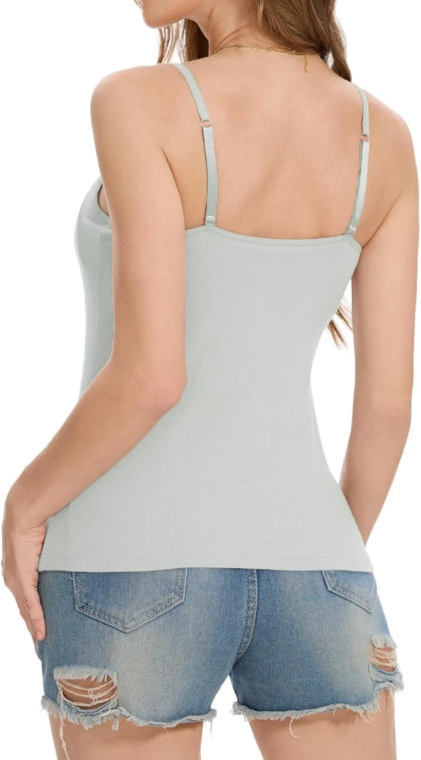 Womens Camisole Tank with Built in Bra Ribbed Camisole Tops Spaghetti Straps Tank Tops