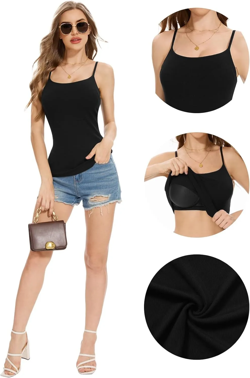 Womens Camisole Tank with Built in Bra Ribbed Camisole Tops Spaghetti Straps Tank Tops