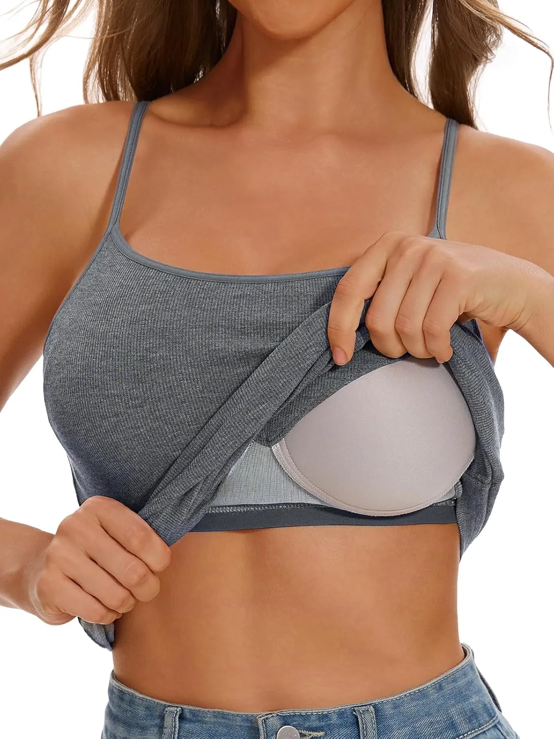 Womens Camisole Tank with Built in Bra Ribbed Camisole Tops Spaghetti Straps Tank Tops