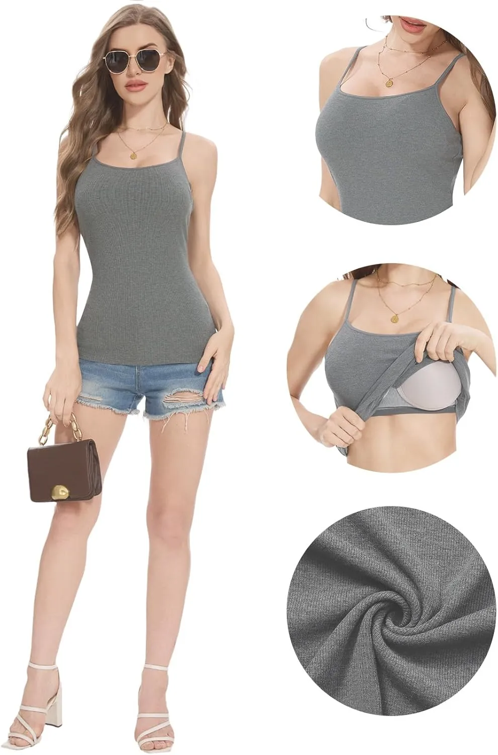 Womens Camisole Tank with Built in Bra Ribbed Camisole Tops Spaghetti Straps Tank Tops