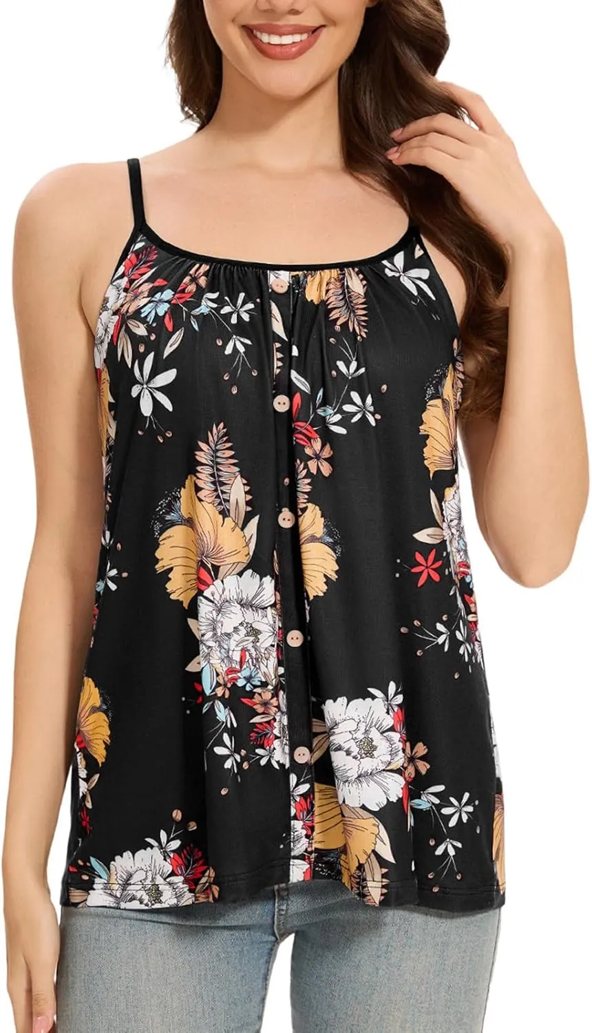 Womens Camisoles with Built-in Padded Bra Flowy Tanks Adjustable Spaghetti Straps Tank Tops