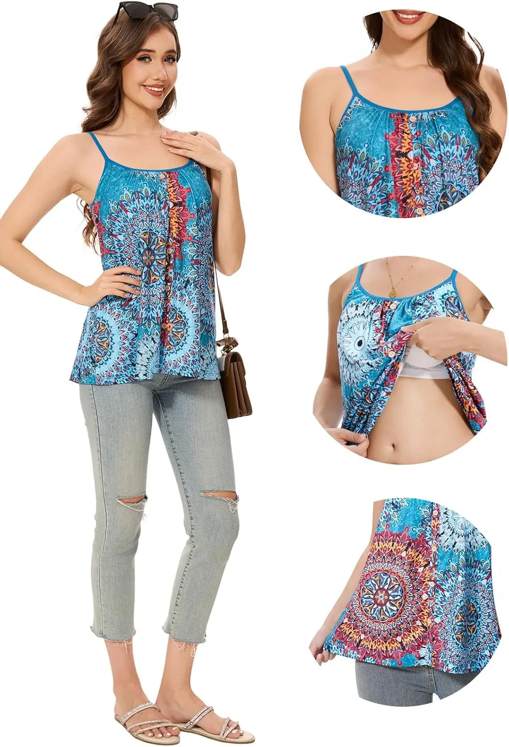 Womens Camisoles with Built-in Padded Bra Flowy Tanks Adjustable Spaghetti Straps Tank Tops