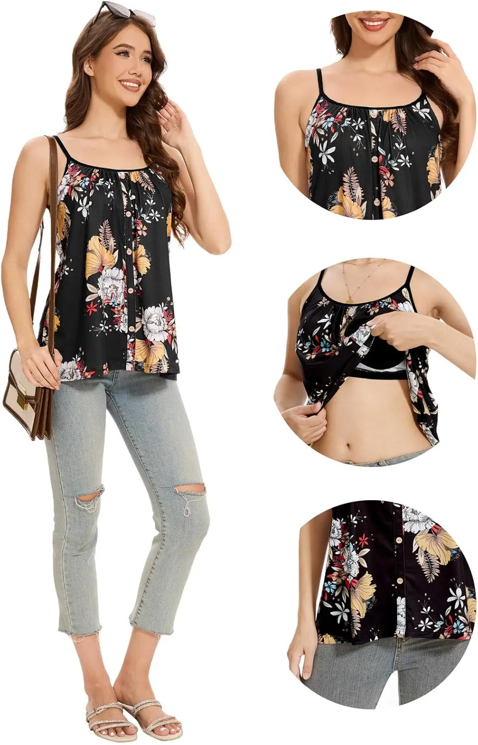 Womens Camisoles with Built-in Padded Bra Flowy Tanks Adjustable Spaghetti Straps Tank Tops