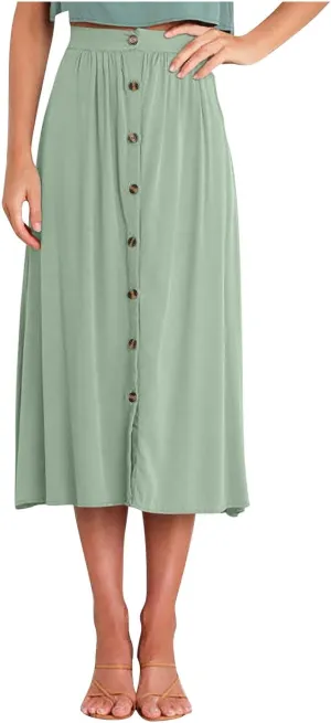Womens Casual Front Button Skirts 2025 Summer Outfit Flowy Beach Skirts for Women Elastic High Waisted Midi Skirt
