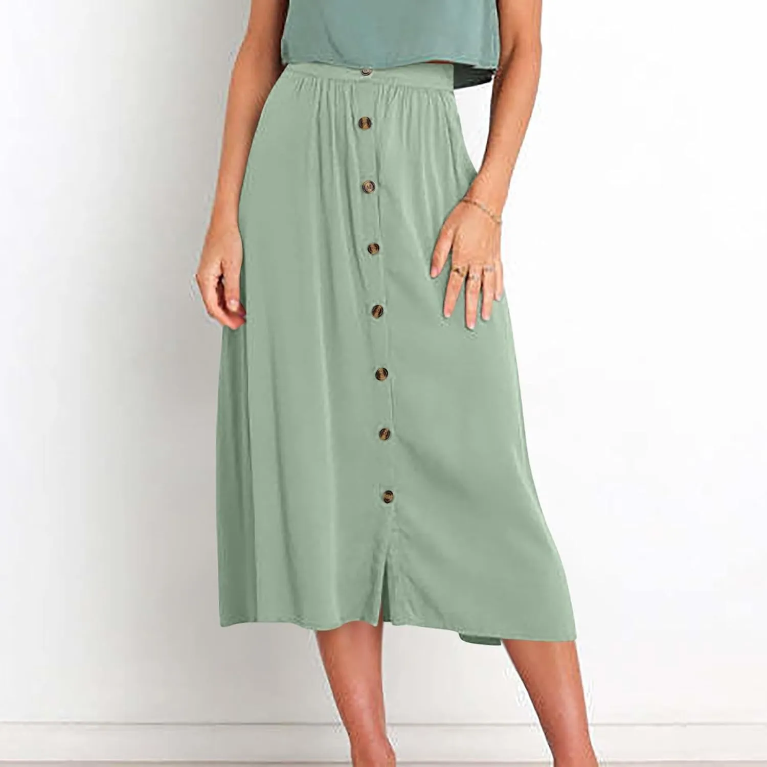 Womens Casual Front Button Skirts 2025 Summer Outfit Flowy Beach Skirts for Women Elastic High Waisted Midi Skirt