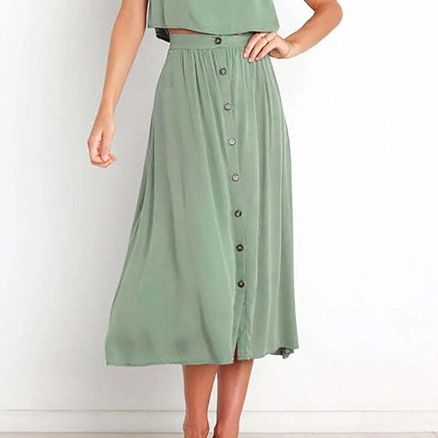 Womens Casual Front Button Skirts 2025 Summer Outfit Flowy Beach Skirts for Women Elastic High Waisted Midi Skirt