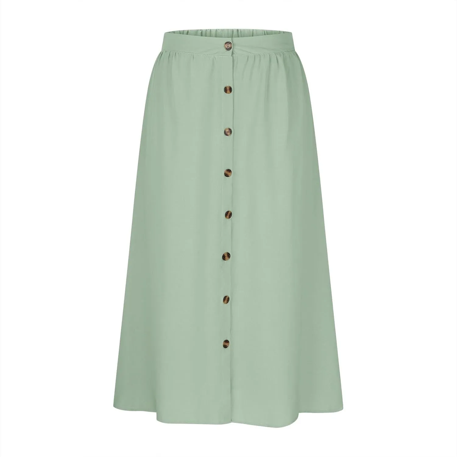 Womens Casual Front Button Skirts 2025 Summer Outfit Flowy Beach Skirts for Women Elastic High Waisted Midi Skirt