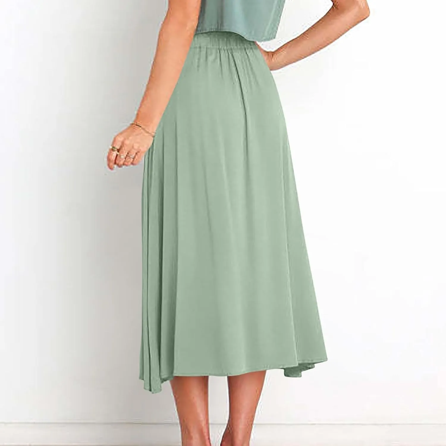 Womens Casual Front Button Skirts 2025 Summer Outfit Flowy Beach Skirts for Women Elastic High Waisted Midi Skirt