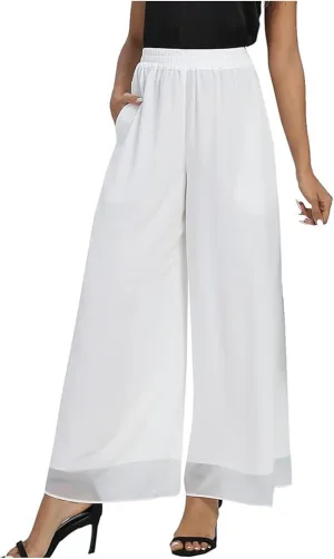 Women's Chiffon Wide Leg Palazzo Pants High Elastic Waist Casual Flowy Business Trousers Rompers for Women Long