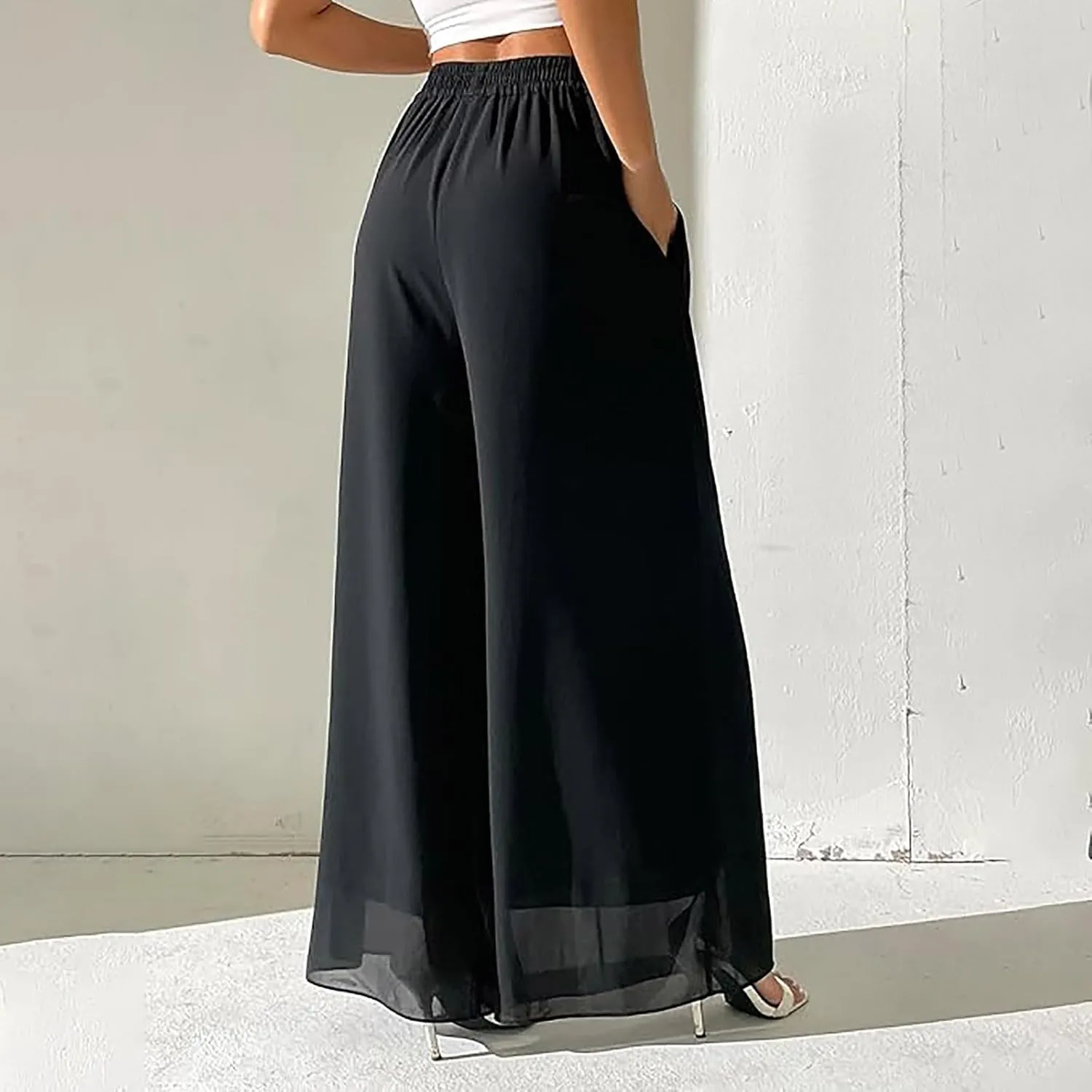 Women's Chiffon Wide Leg Palazzo Pants High Elastic Waist Casual Flowy Business Trousers Rompers for Women Long