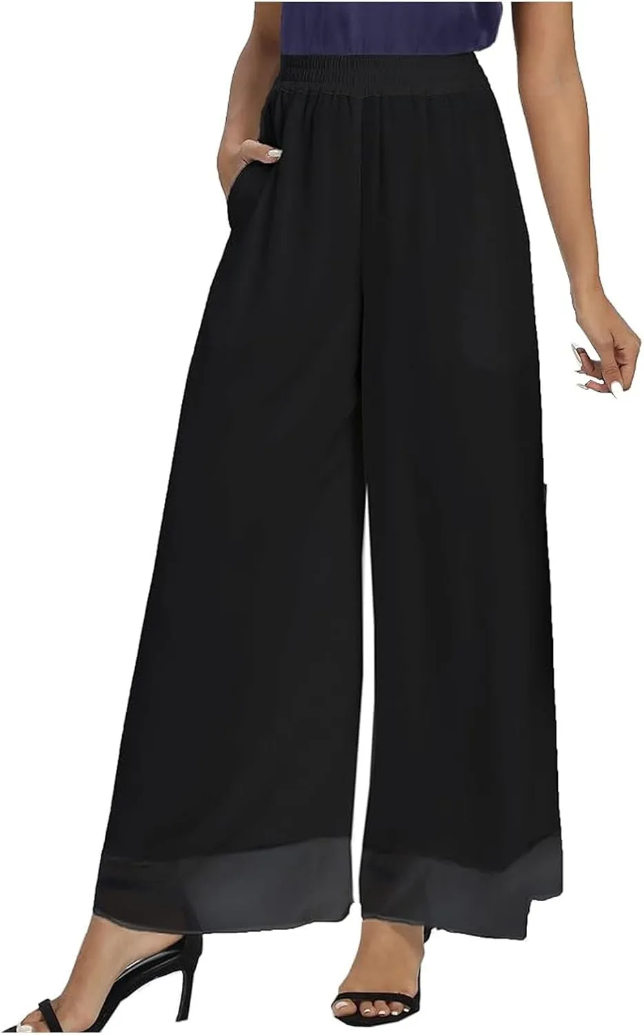 Women's Chiffon Wide Leg Palazzo Pants High Elastic Waist Casual Flowy Business Trousers Rompers for Women Long