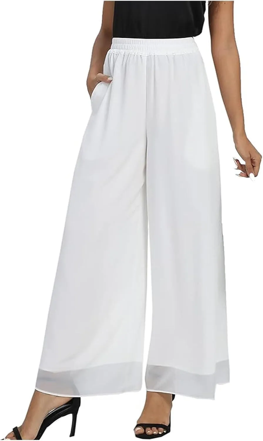 Women's Chiffon Wide Leg Palazzo Pants High Elastic Waist Casual Flowy Business Trousers Rompers for Women Long
