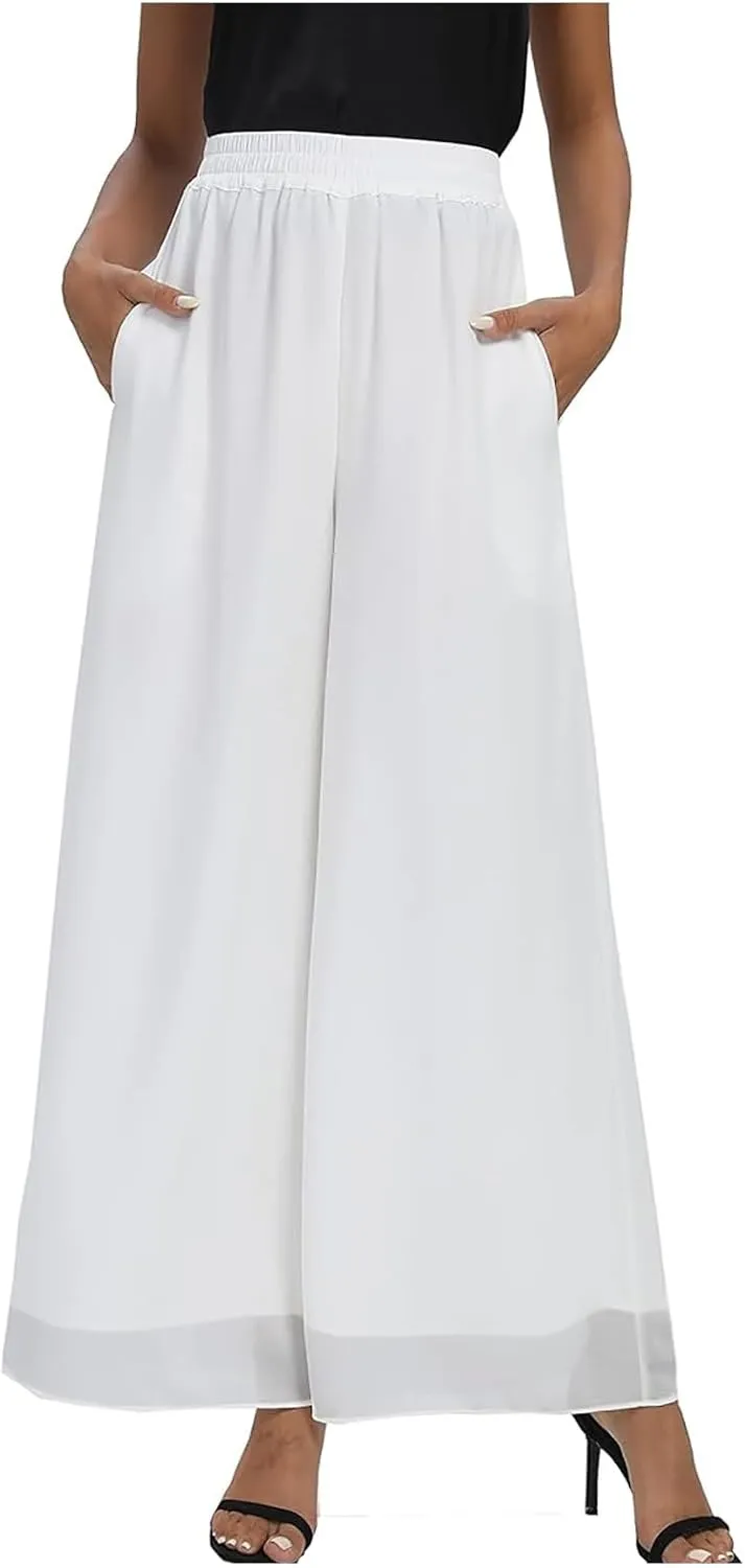 Women's Chiffon Wide Leg Palazzo Pants High Elastic Waist Casual Flowy Business Trousers Rompers for Women Long