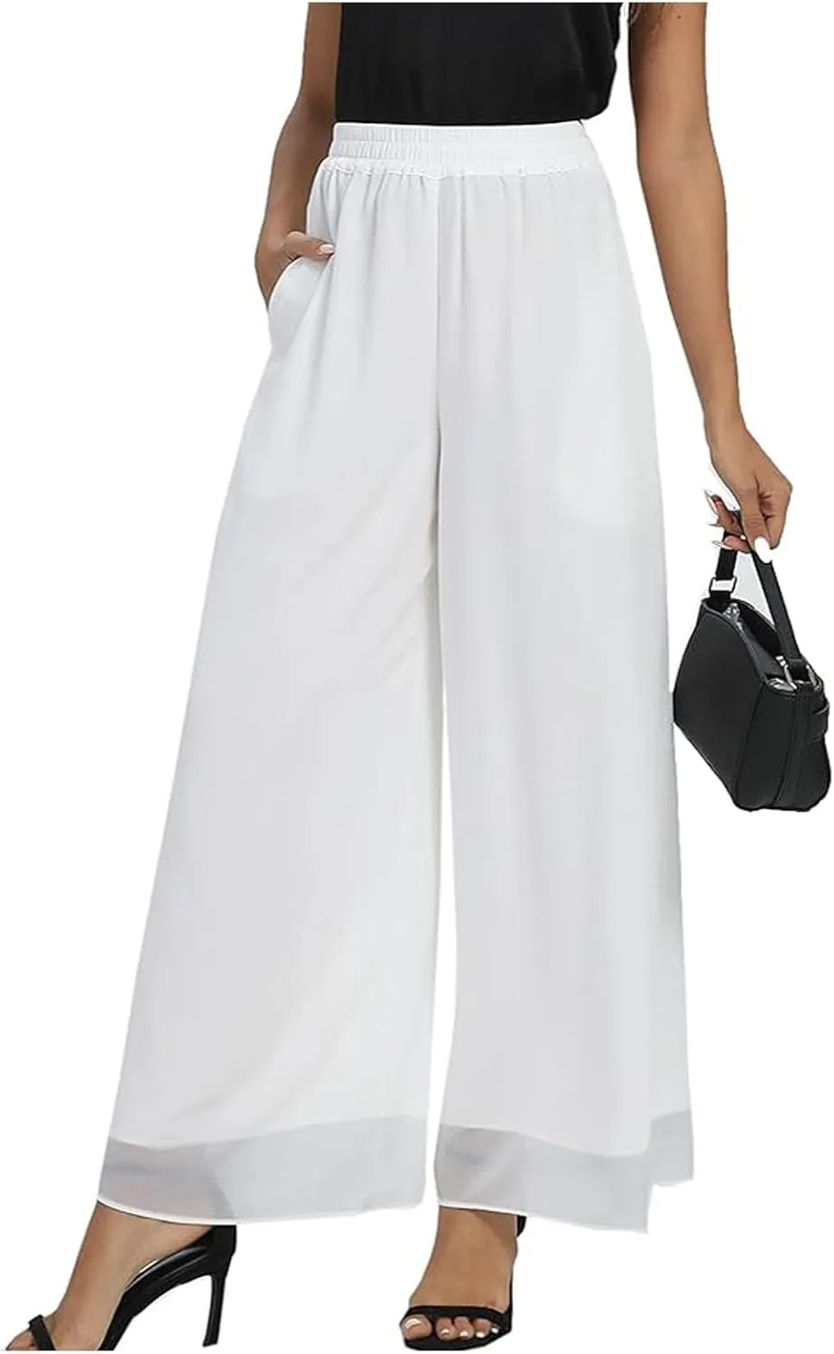 Women's Chiffon Wide Leg Palazzo Pants High Elastic Waist Casual Flowy Business Trousers Rompers for Women Long