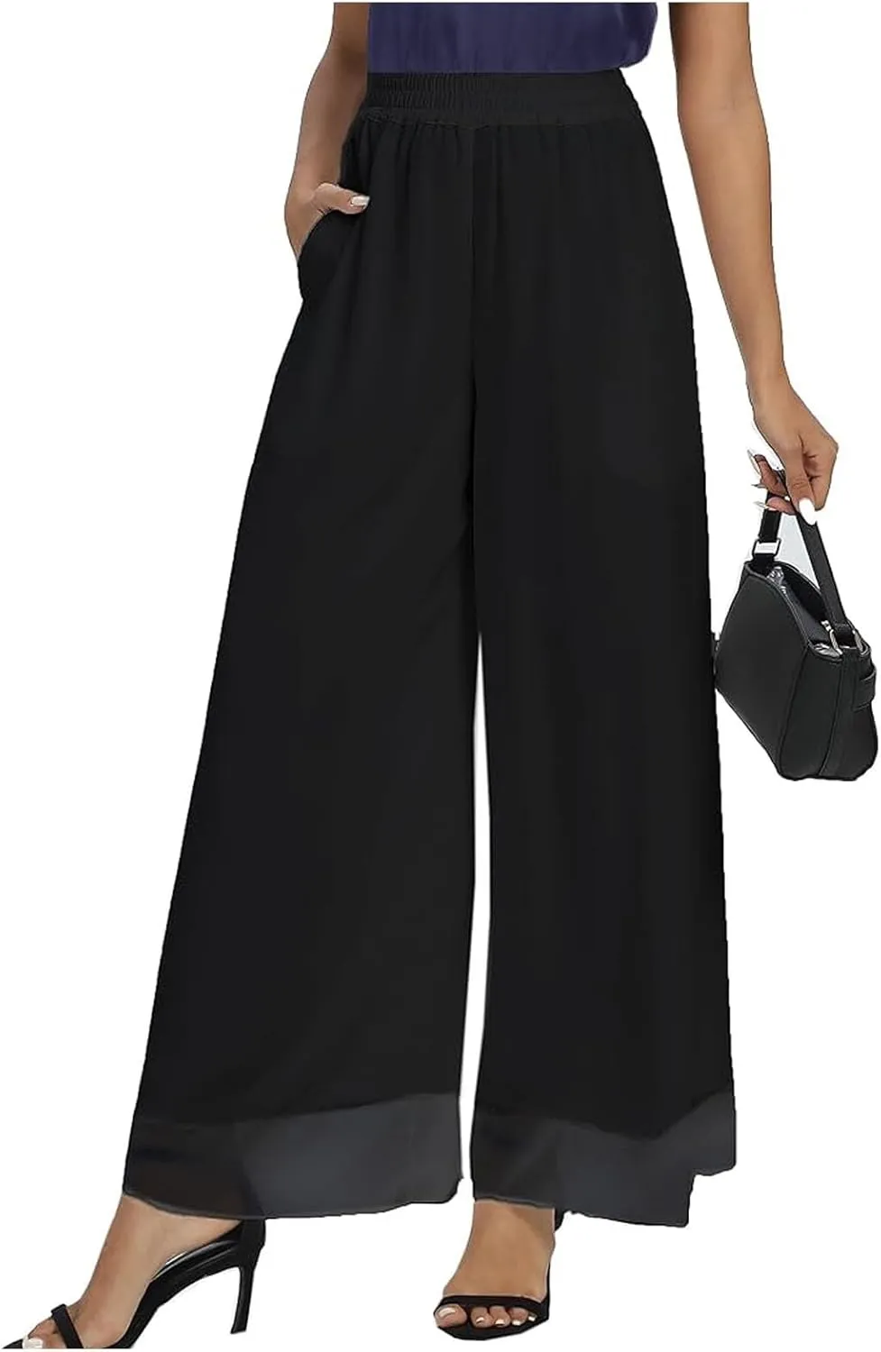 Women's Chiffon Wide Leg Palazzo Pants High Elastic Waist Casual Flowy Business Trousers Rompers for Women Long