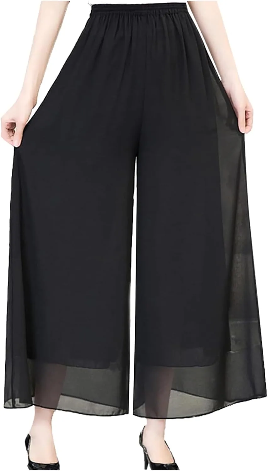 Women's Chiffon Wide Leg Palazzo Pants High Elastic Waist Casual Flowy Business Trousers Rompers for Women Long