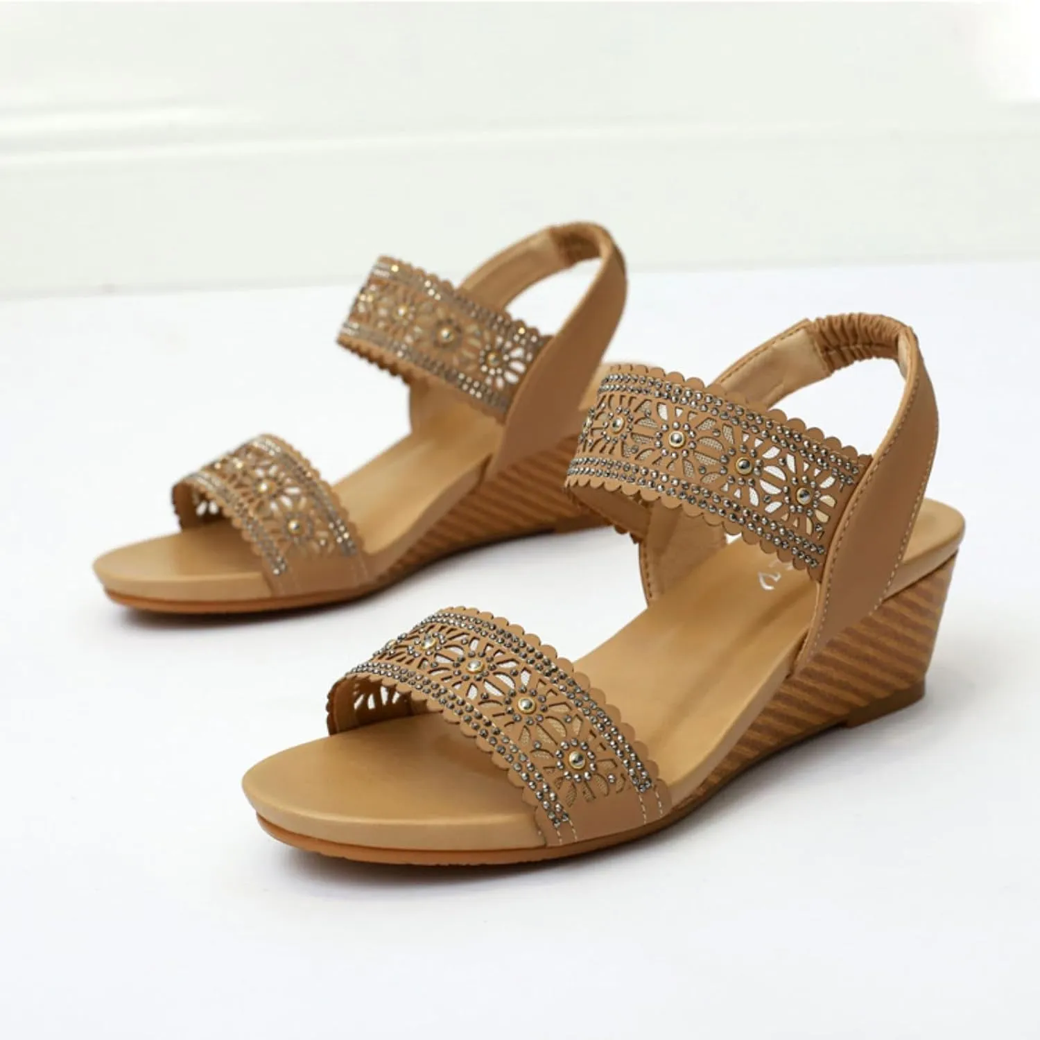 Womens Comfort Wedge Slide Sandals Open-Toe Low Heel Non-Slip Breathable Cutout Slingback Elastic Band Dress Sandals Comfortable Bohemian Wedges Sandal Fashion Gladiator Flat Sandal