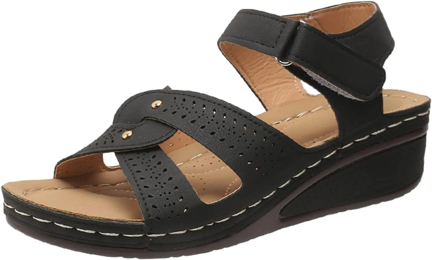 Womens Comfortable Sandals Comfortable Summer Slip On Wedge Sandals Open Toe Cutout Slides Shoes Dressy Casual Hook and Loop Fastener Shoes Dressy Summer Shoe