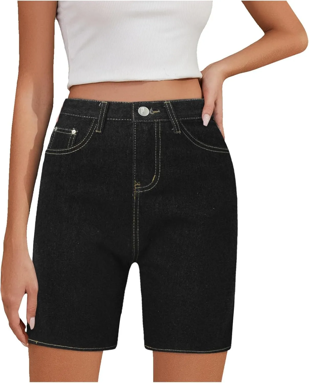 Women's Denim Shorts Trendy High Waisted Casual Summer Cropped Stretchy Bermuda Long Jean Shorts Straight Leg Pants