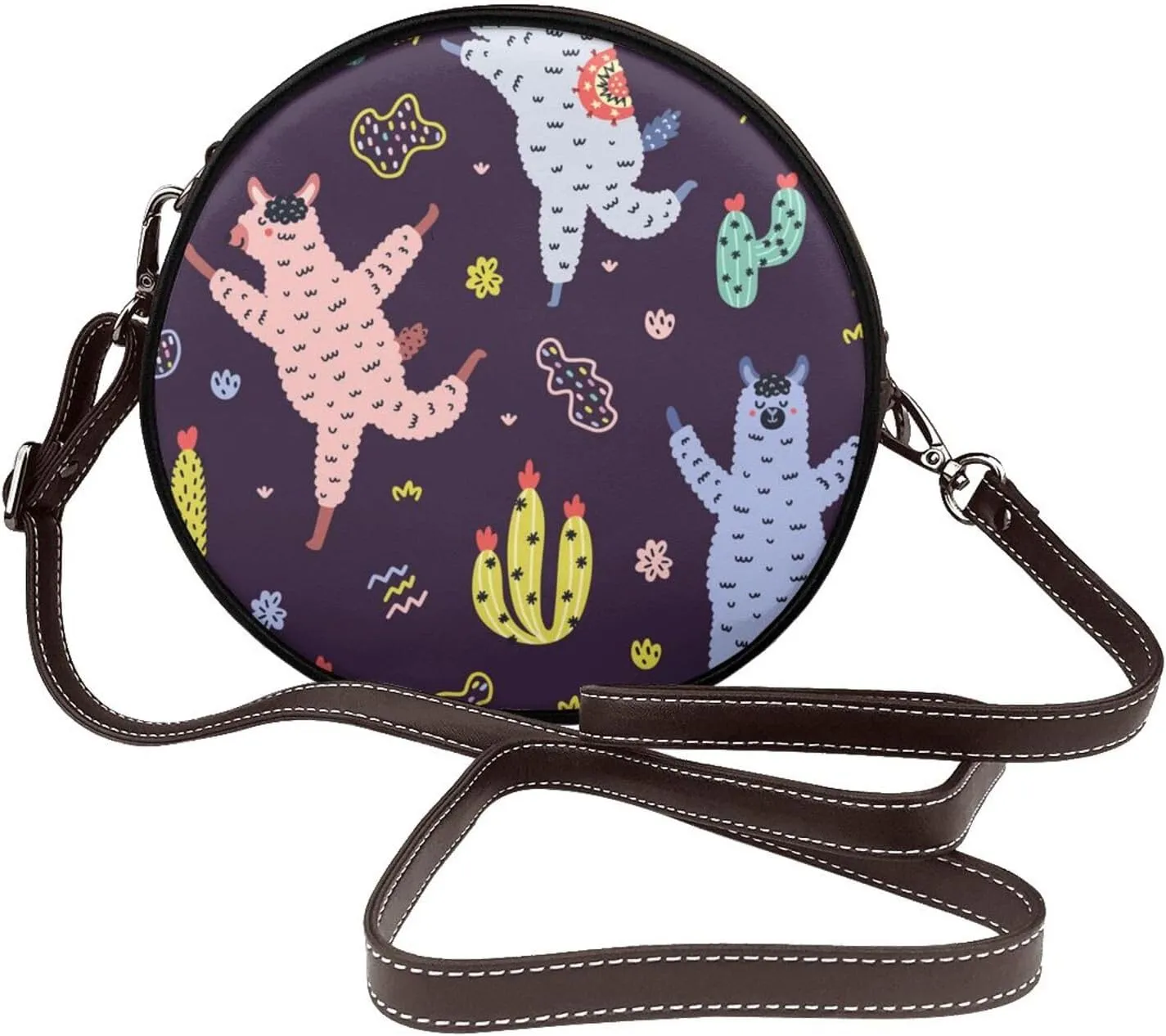 Women's Faux Leather Large Round Crossbody Purse Handbag Shoulder Bag for Travel