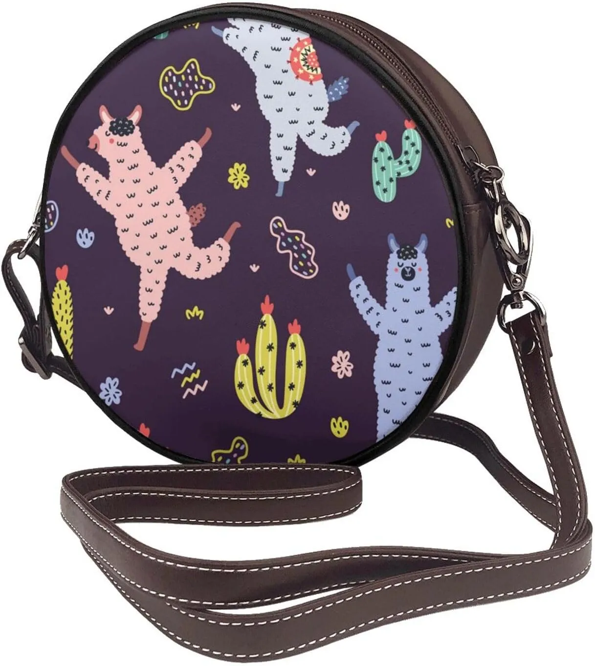 Women's Faux Leather Large Round Crossbody Purse Handbag Shoulder Bag for Travel