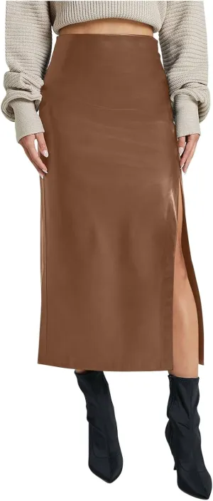 Womens Faux Leather Long Skirts Bodycon High Waist Slim-Fit PU Leather Skirt Sexy Side Slit Pencil Midi Skirts