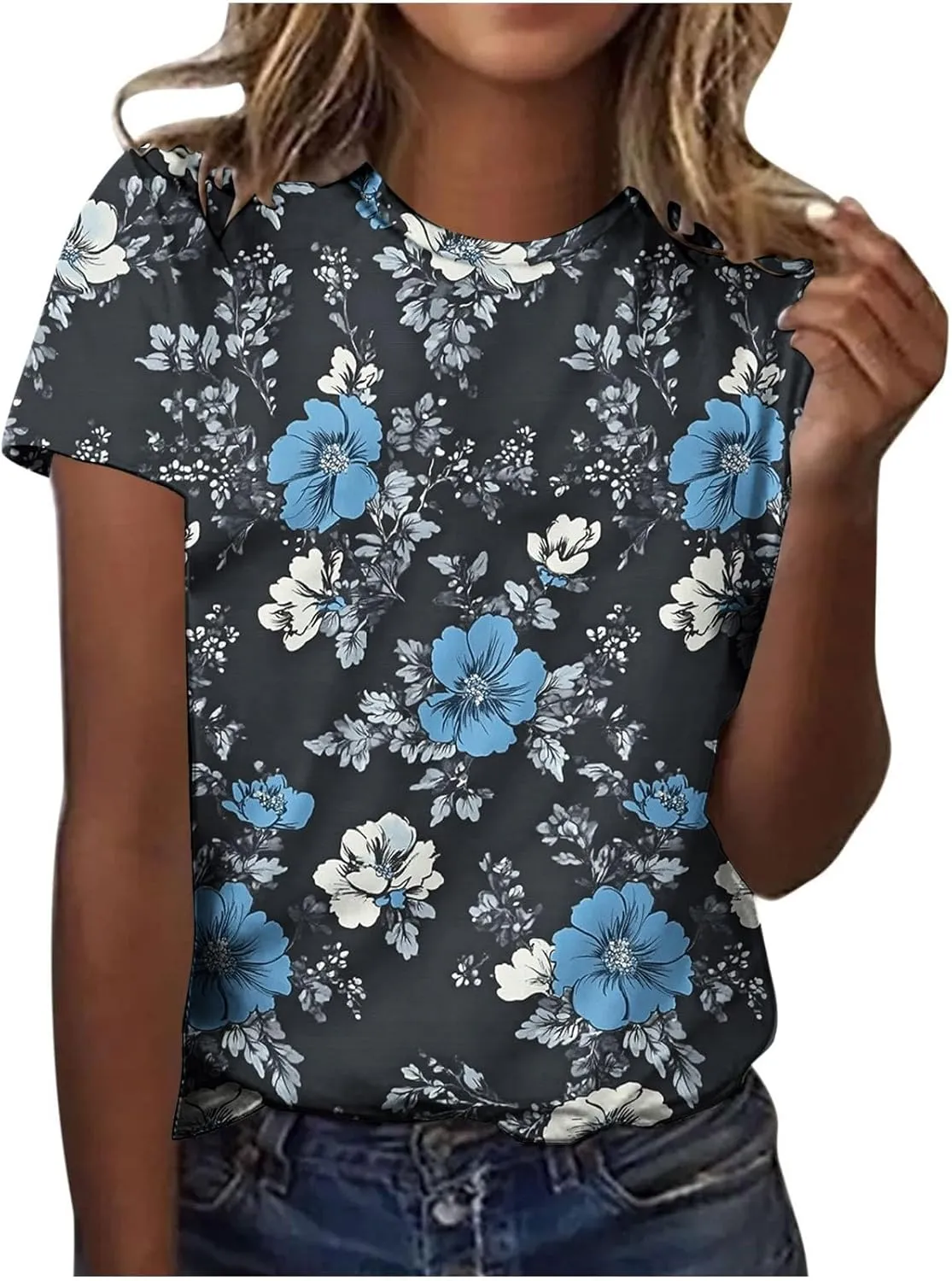 Women's Floral Print Crewneck Tshirt Vintage Dressy Casual Short Sleeve Shirts Lightweight Loose Fit Tunic Tops