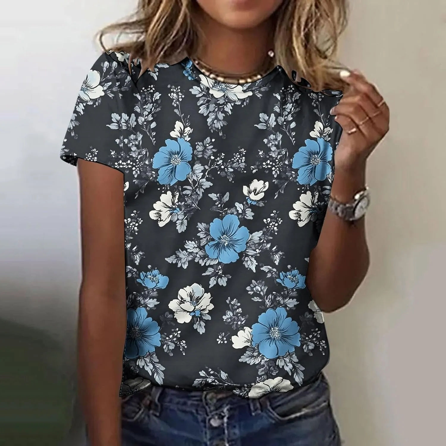 Women's Floral Print Crewneck Tshirt Vintage Dressy Casual Short Sleeve Shirts Lightweight Loose Fit Tunic Tops