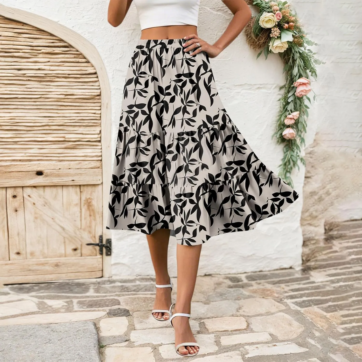 Womens Floral Print Midi Skirts 2025 Summer Casual Aline Elastic High Waisted Pleated Flowy Long Skirt with Pockets