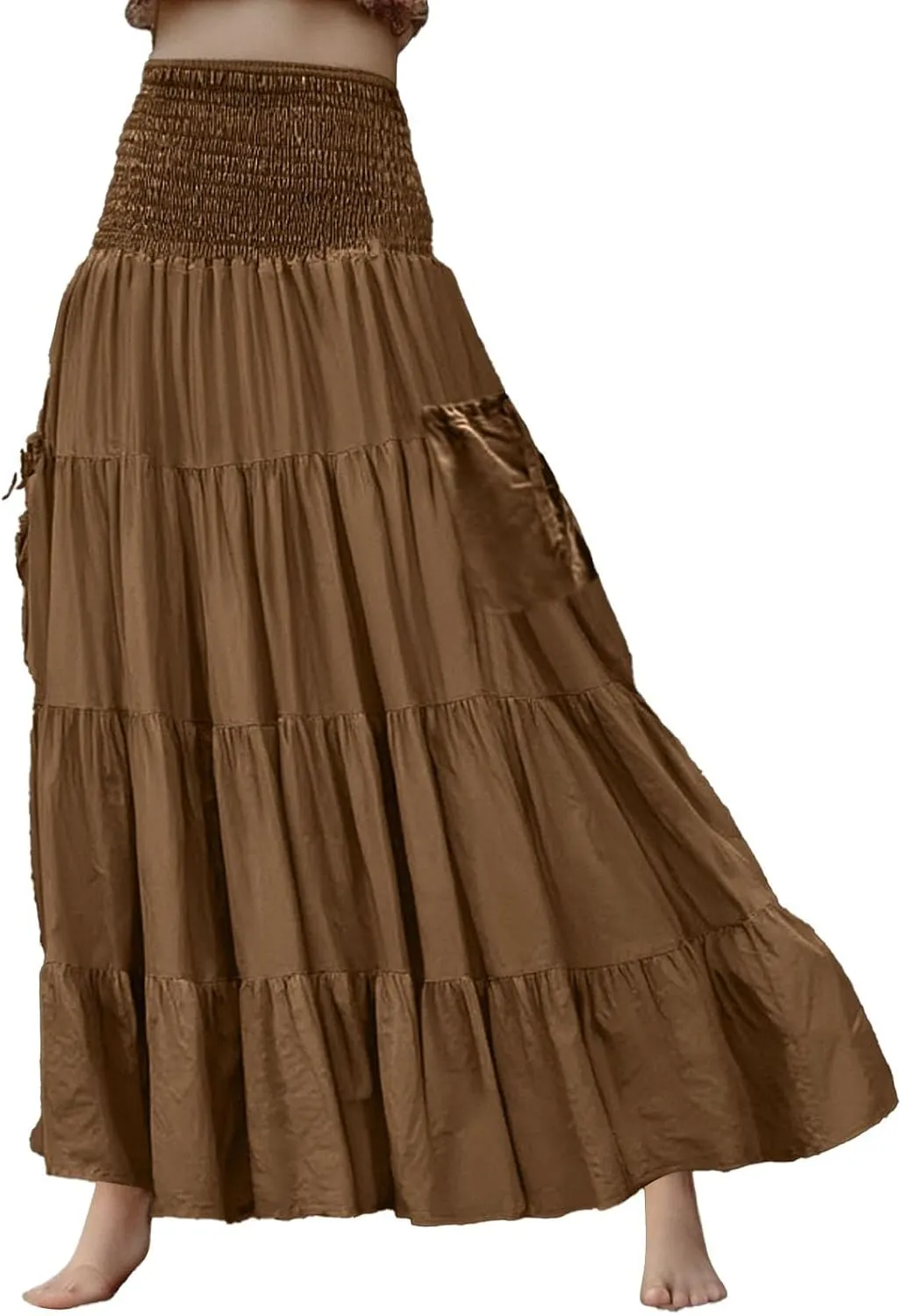 Womens Flowy Pleated Skirts A Line High Smocked Waist Midi Skirt Bohemian Casual Renaissance Skirt with Pockets 2025