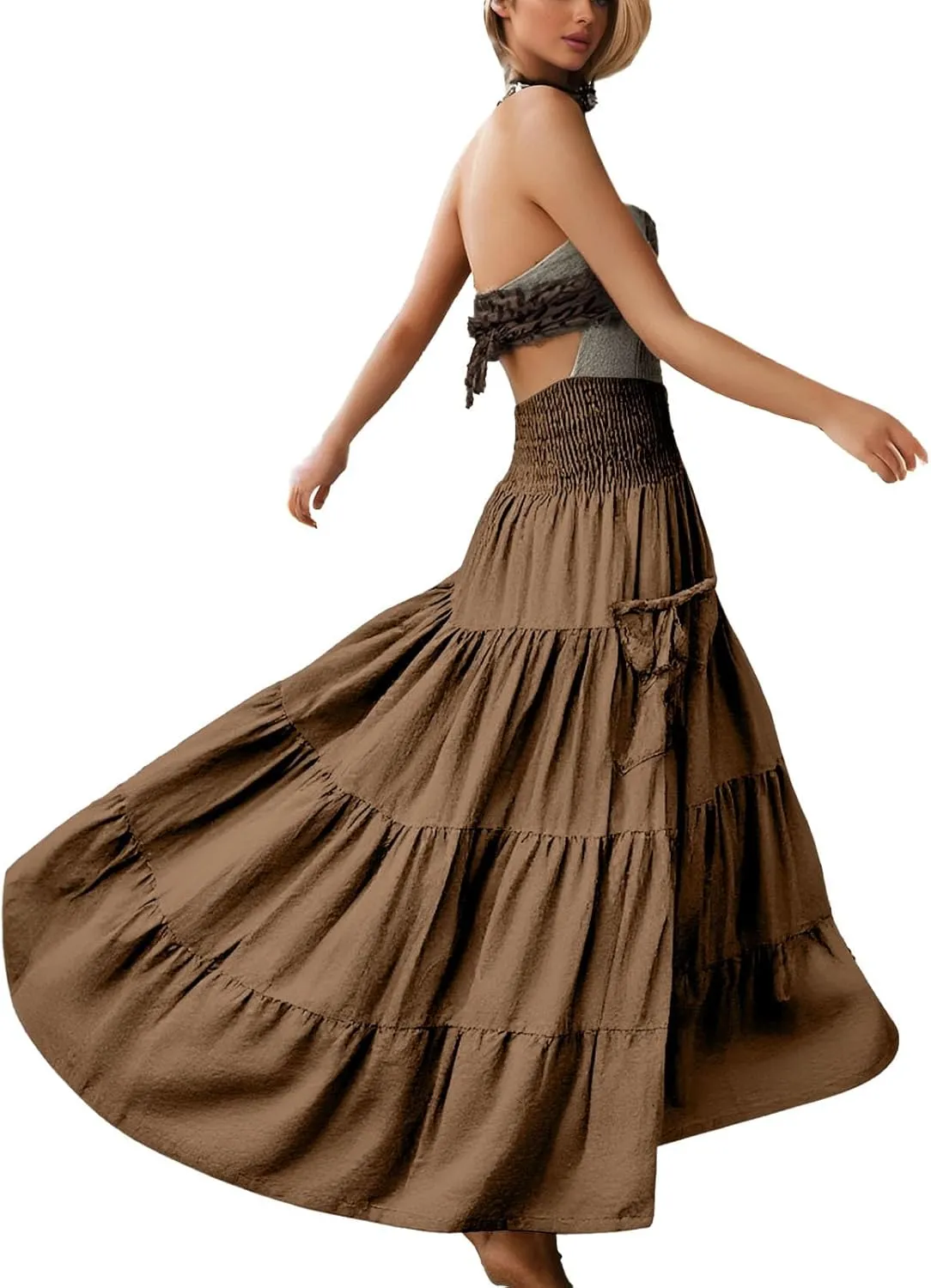Womens Flowy Pleated Skirts A Line High Smocked Waist Midi Skirt Bohemian Casual Renaissance Skirt with Pockets 2025