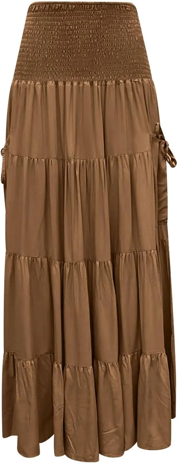 Womens Flowy Pleated Skirts A Line High Smocked Waist Midi Skirt Bohemian Casual Renaissance Skirt with Pockets 2025
