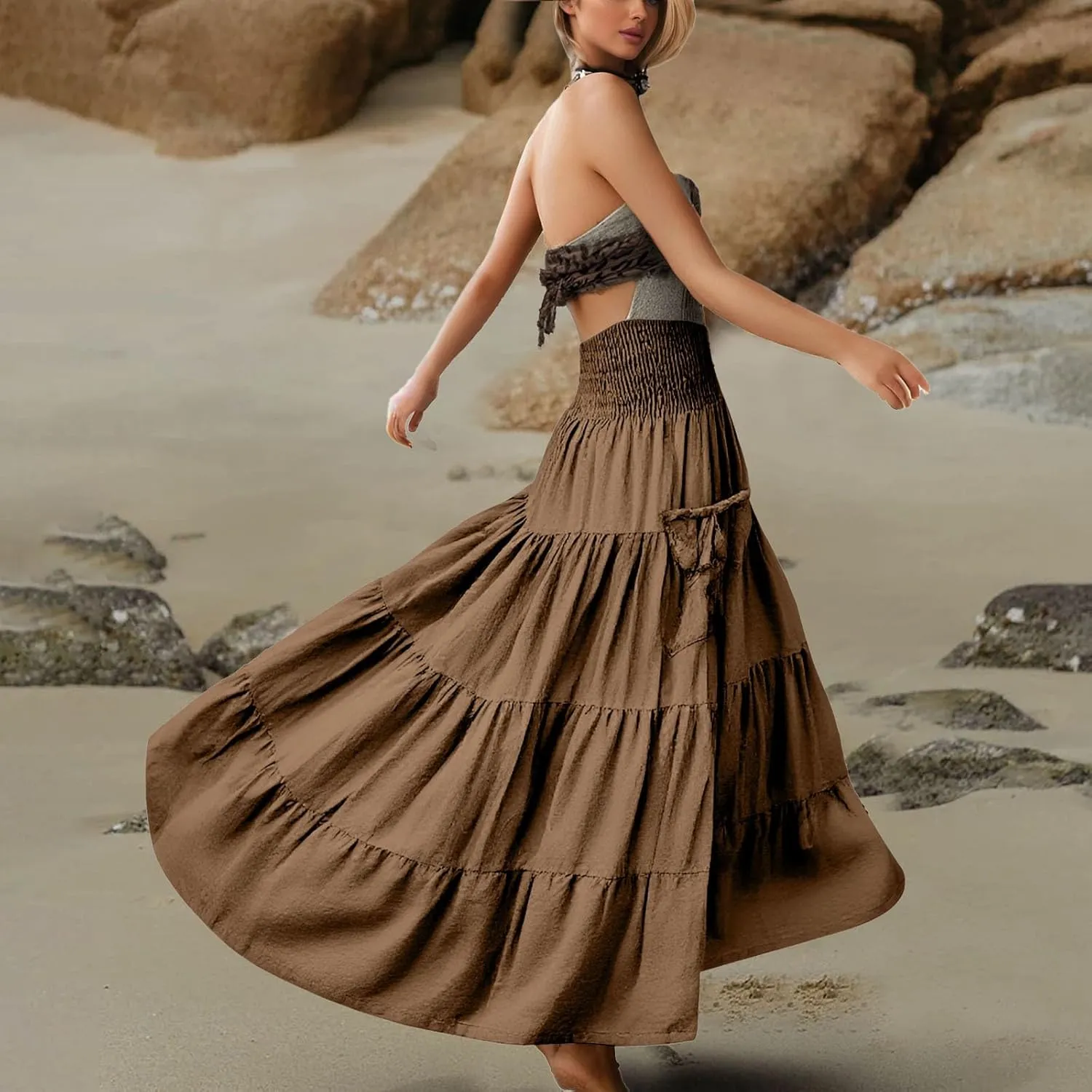Womens Flowy Pleated Skirts A Line High Smocked Waist Midi Skirt Bohemian Casual Renaissance Skirt with Pockets 2025