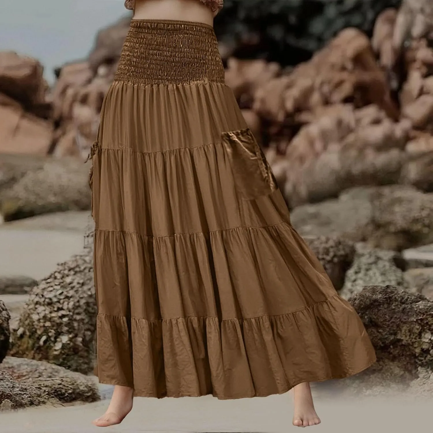 Womens Flowy Pleated Skirts A Line High Smocked Waist Midi Skirt Bohemian Casual Renaissance Skirt with Pockets 2025