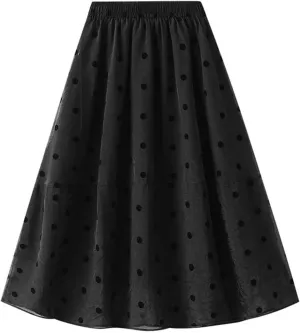 Womens Gauze Skirts Polka Dot Print A Line Swing Midi Skirt Summer Casual Boho Beach Skirts Resort Wear