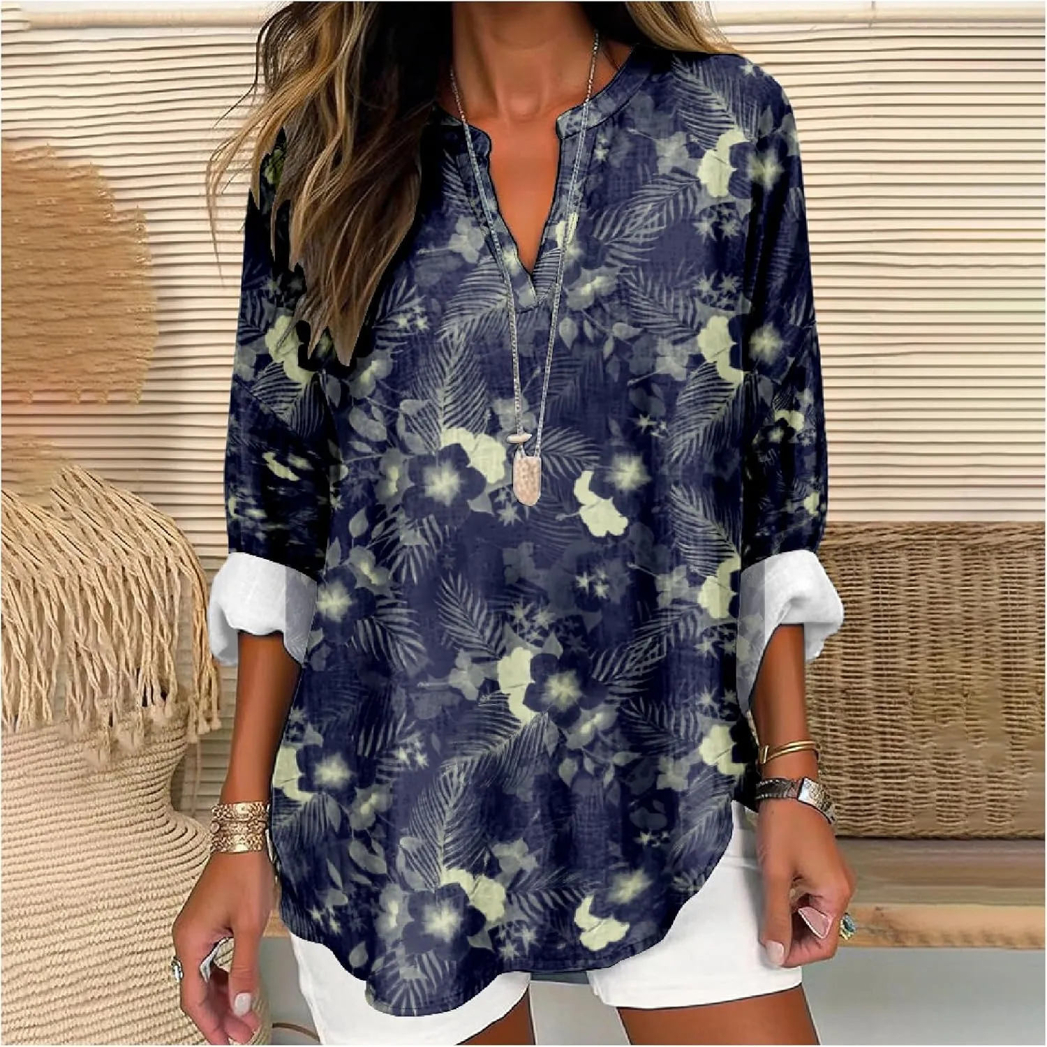 Womens Hawaiian Shirts and Blouses Long Sleeve V Neck Flamingo Print Breathable Summer Plam Leaf Floral Tshirt