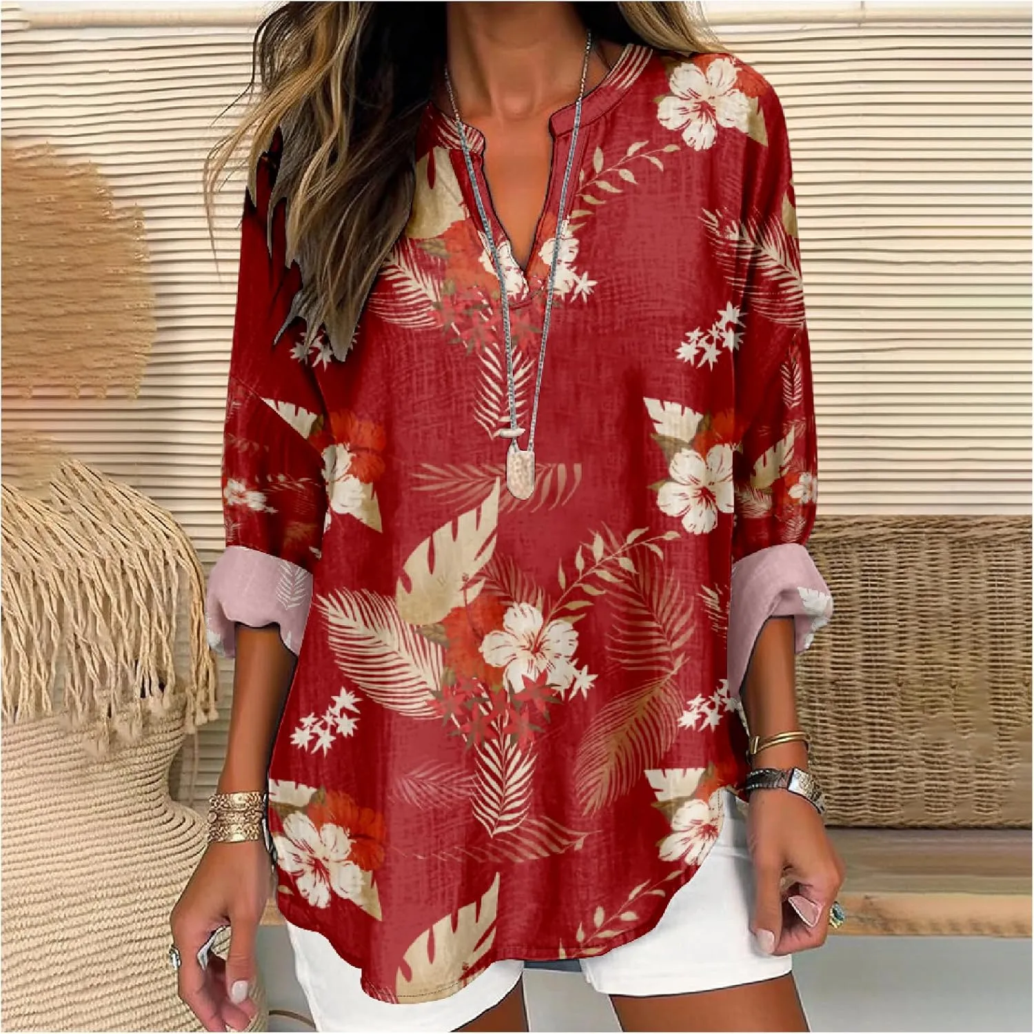 Womens Hawaiian Shirts and Blouses Long Sleeve V Neck Flamingo Print Breathable Summer Plam Leaf Floral Tshirt