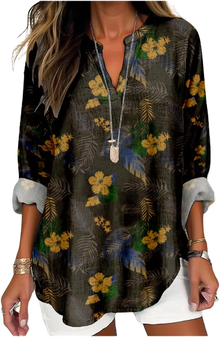 Womens Hawaiian Shirts and Blouses Long Sleeve V Neck Flamingo Print Breathable Summer Plam Leaf Floral Tshirt