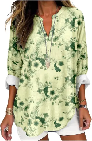 Womens Hawaiian Shirts and Blouses Long Sleeve V Neck Flamingo Print Breathable Summer Plam Leaf Floral Tshirt