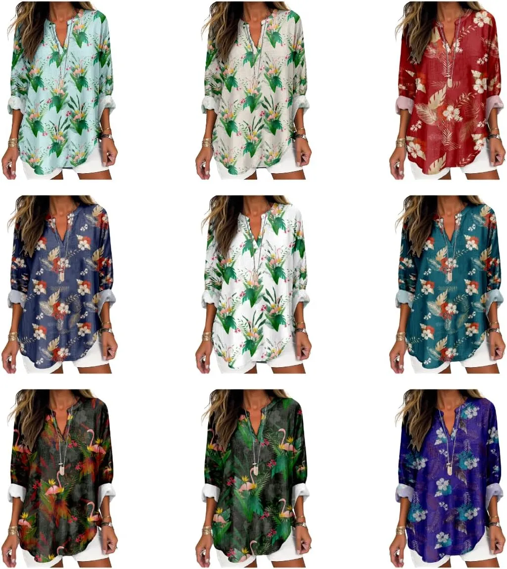 Womens Hawaiian Shirts and Blouses Long Sleeve V Neck Flamingo Print Breathable Summer Plam Leaf Floral Tshirt