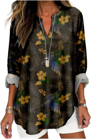 Womens Hawaiian Shirts and Blouses Long Sleeve V Neck Flamingo Print Breathable Summer Plam Leaf Floral Tshirt