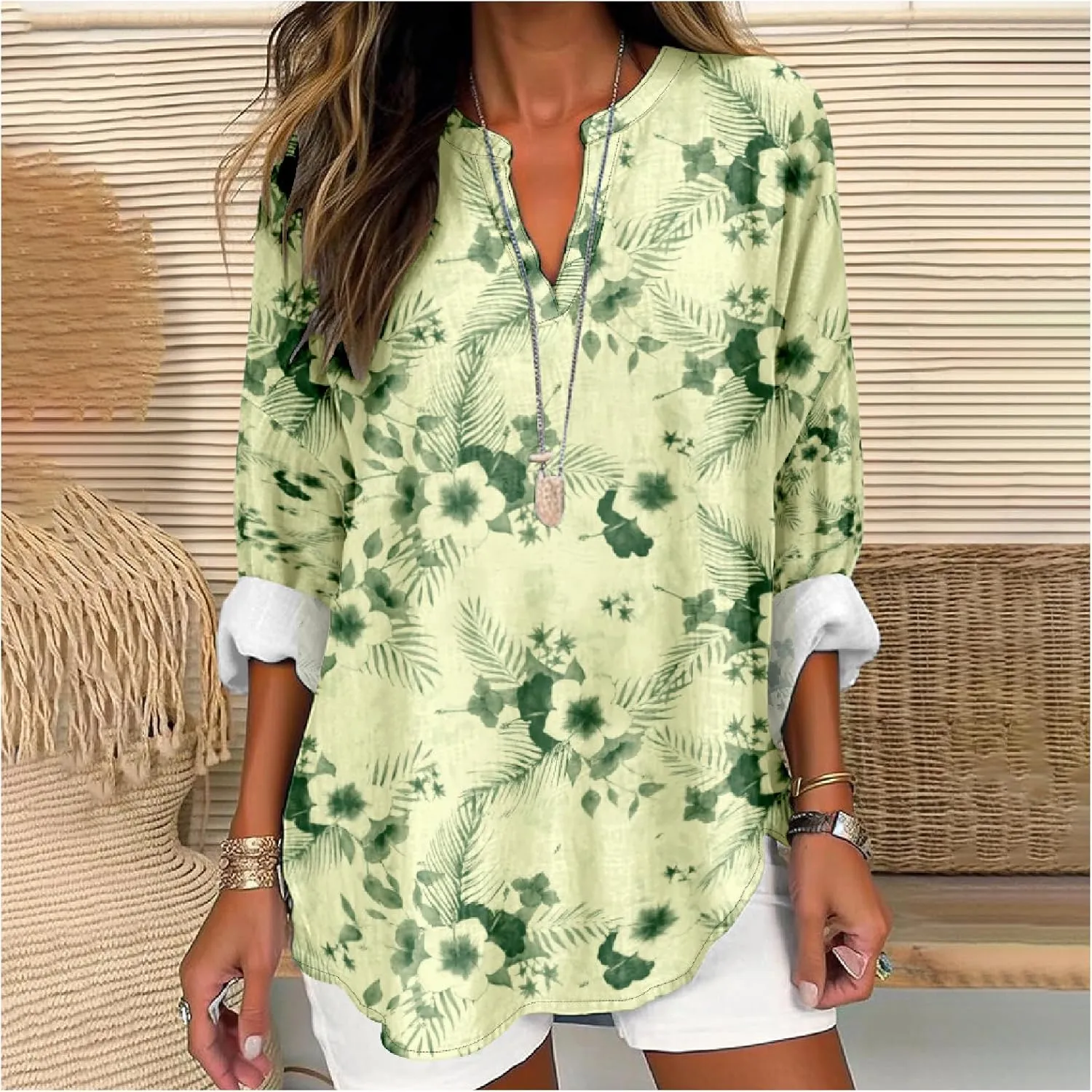 Womens Hawaiian Shirts and Blouses Long Sleeve V Neck Flamingo Print Breathable Summer Plam Leaf Floral Tshirt