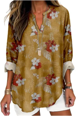 Womens Hawaiian Shirts and Blouses Long Sleeve V Neck Flamingo Print Breathable Summer Plam Leaf Floral Tshirt