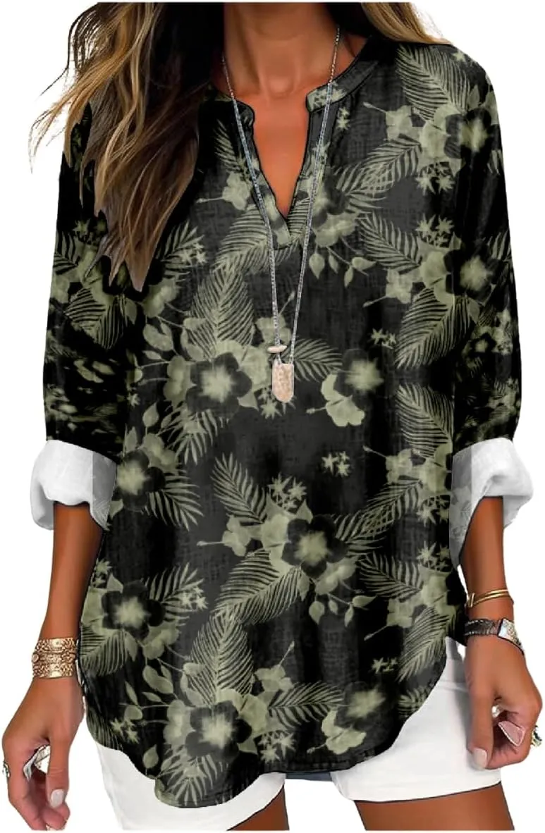 Womens Hawaiian Shirts and Blouses Long Sleeve V Neck Flamingo Print Breathable Summer Plam Leaf Floral Tshirt