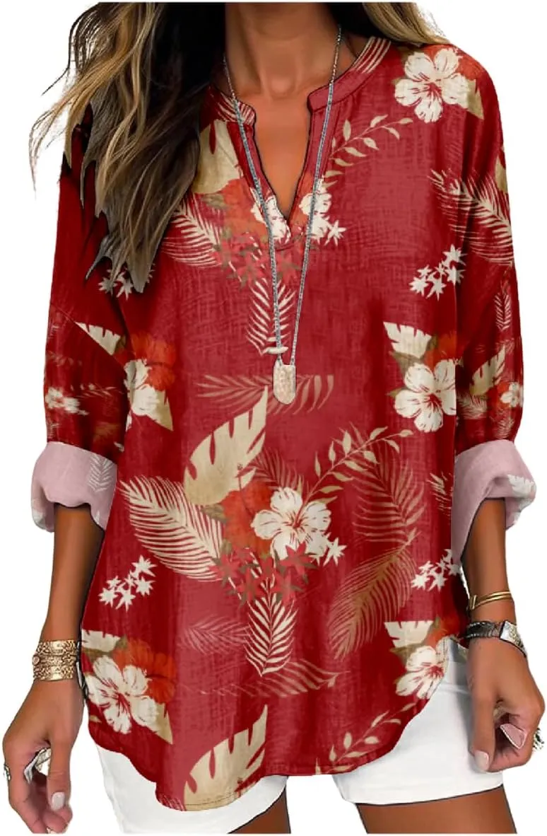 Womens Hawaiian Shirts and Blouses Long Sleeve V Neck Flamingo Print Breathable Summer Plam Leaf Floral Tshirt