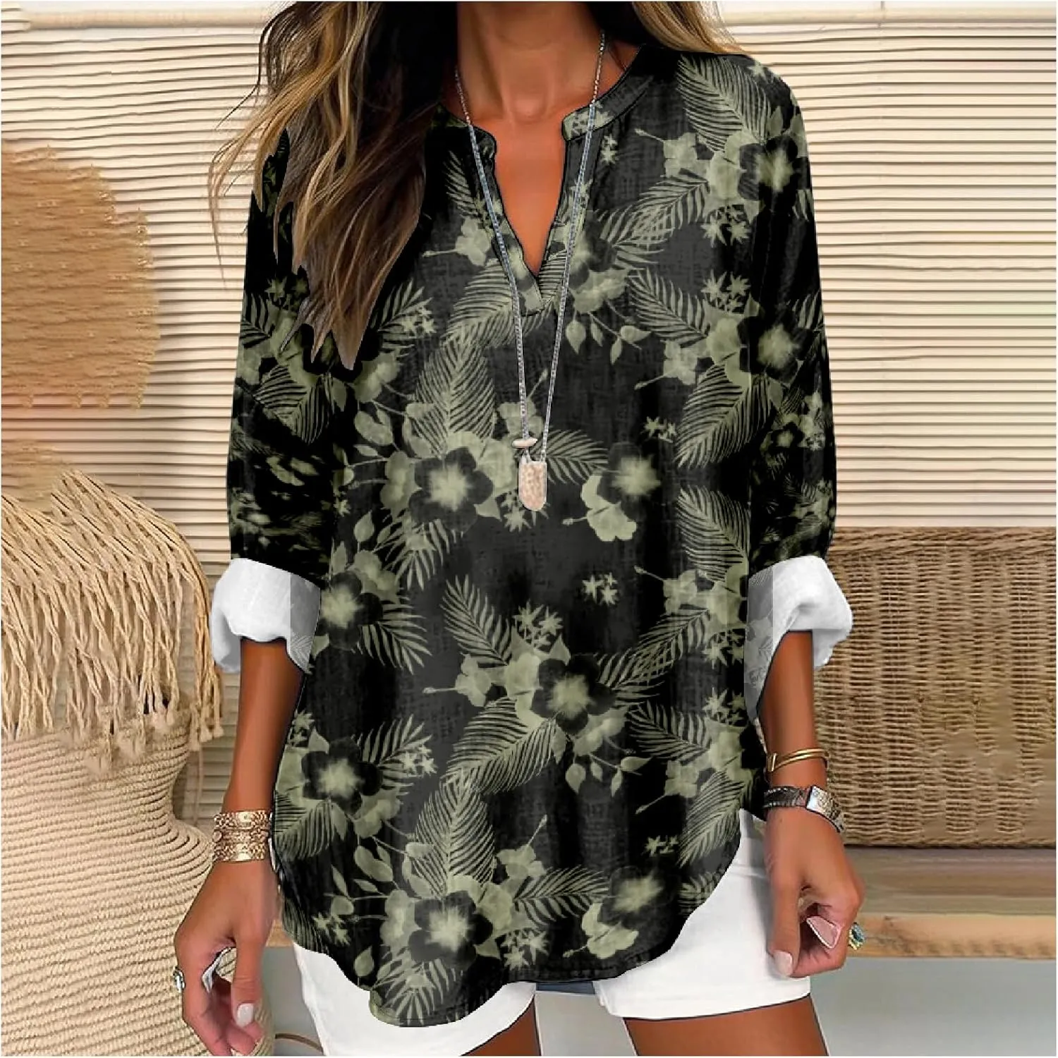 Womens Hawaiian Shirts and Blouses Long Sleeve V Neck Flamingo Print Breathable Summer Plam Leaf Floral Tshirt