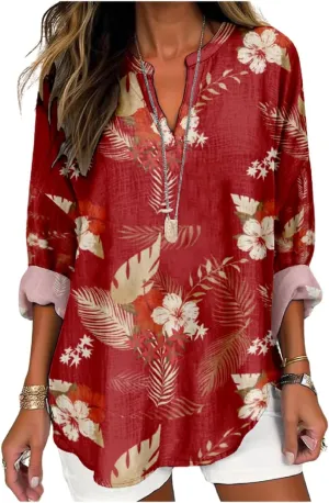 Womens Hawaiian Shirts and Blouses Long Sleeve V Neck Flamingo Print Breathable Summer Plam Leaf Floral Tshirt